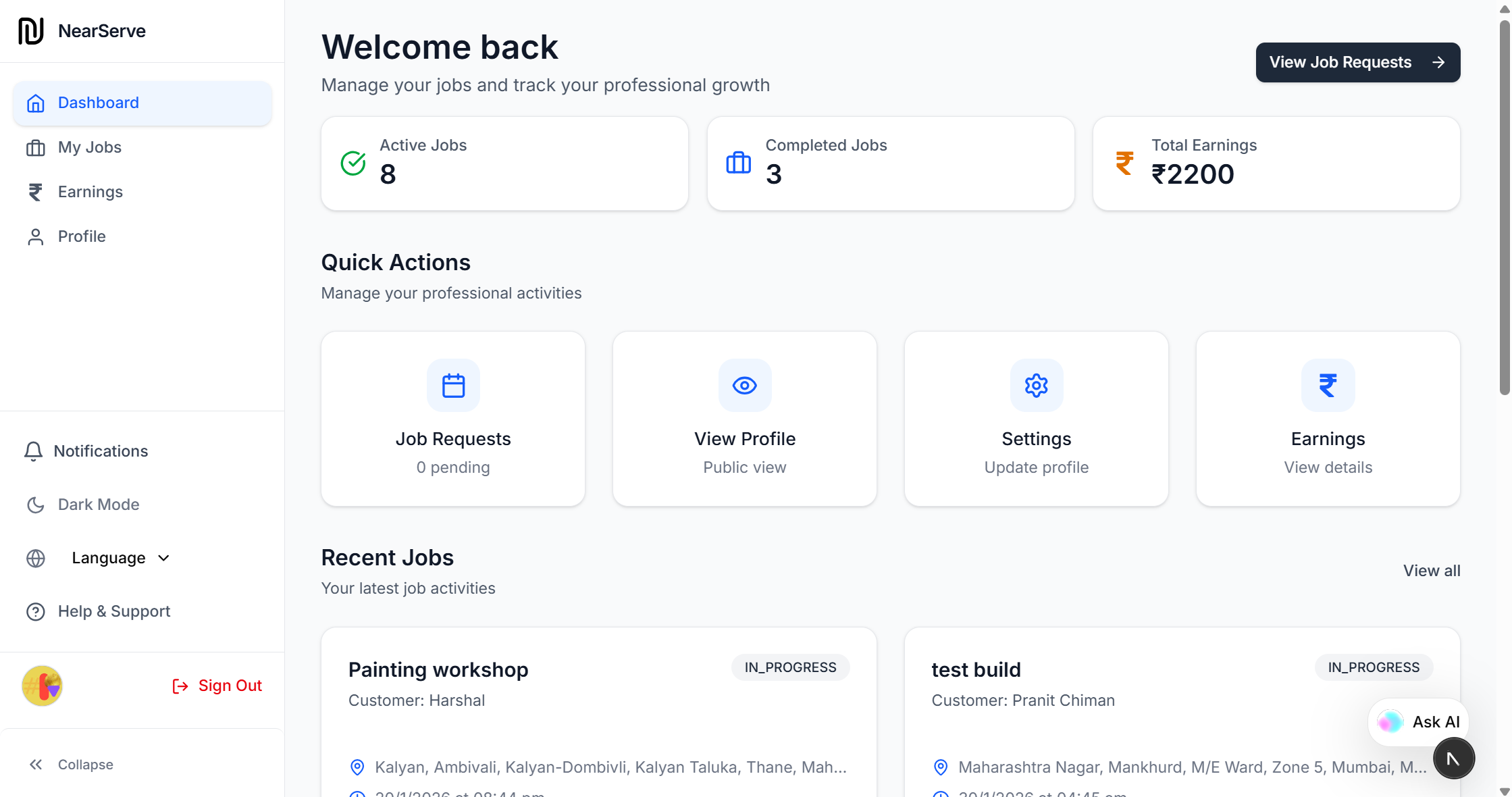 NearServe dashboard screenshot 1