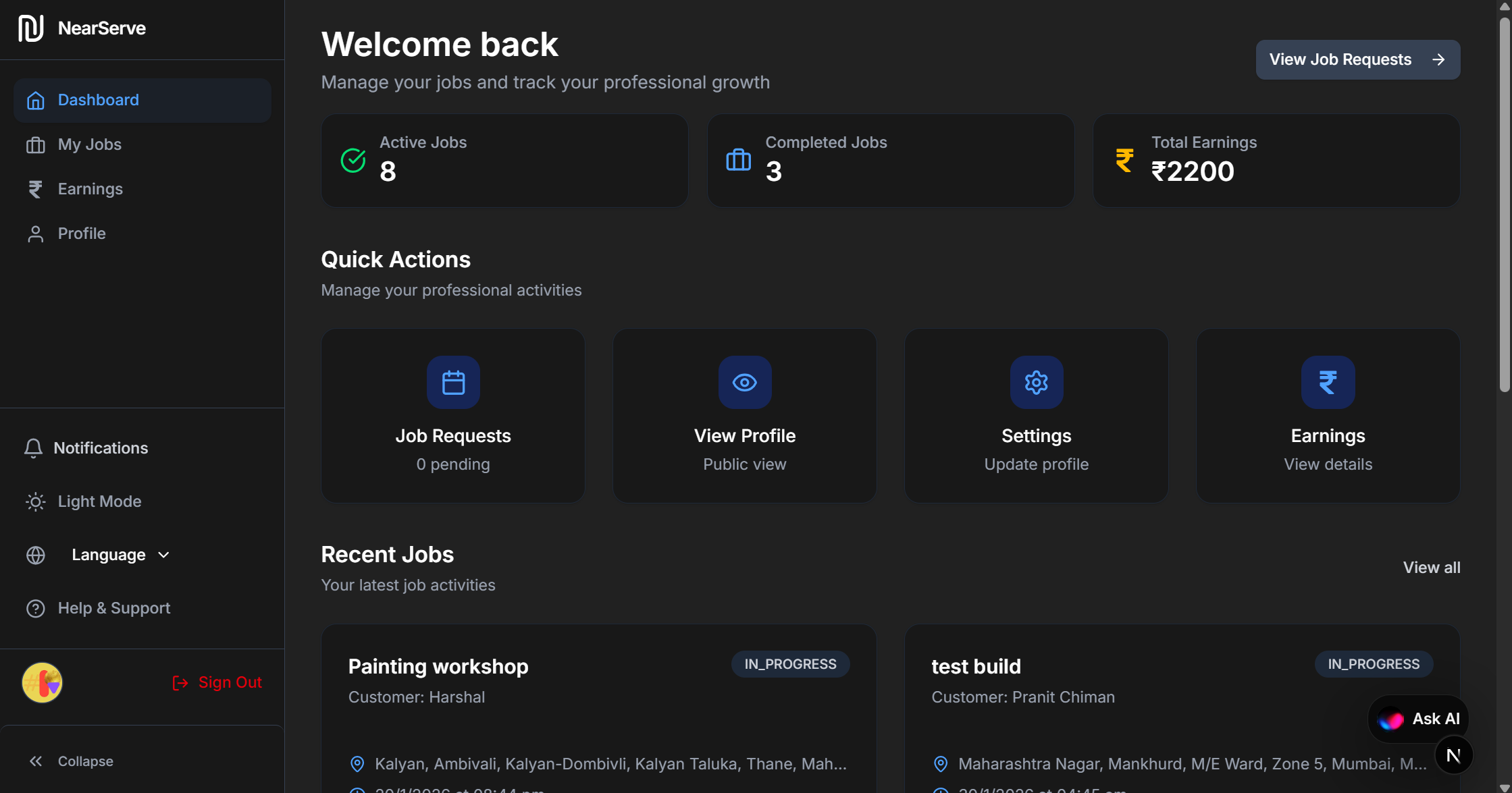 NearServe dashboard screenshot 1